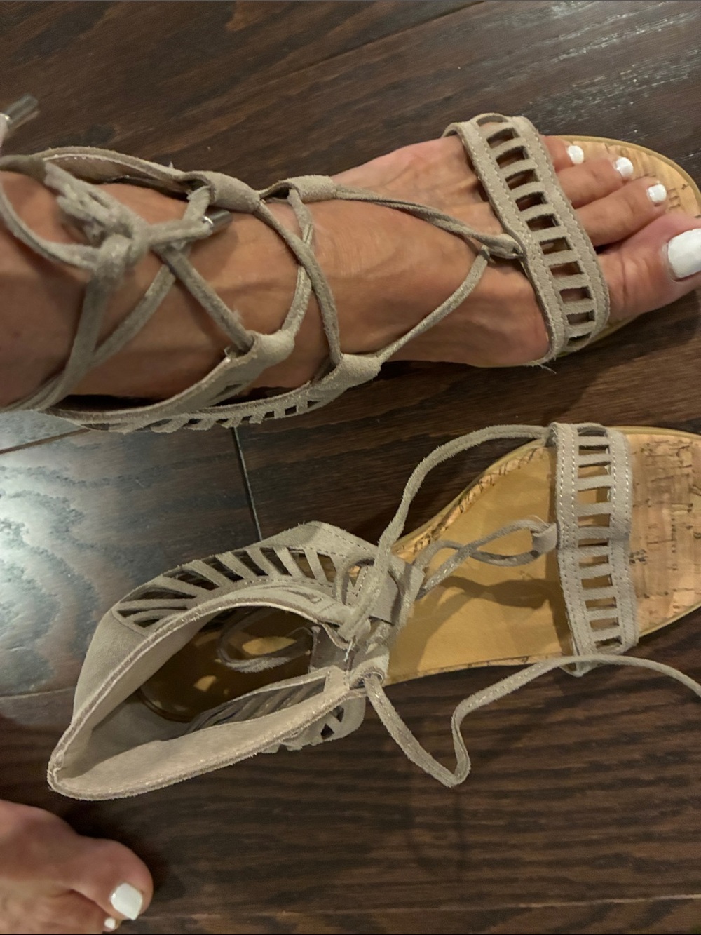 Dolce Vita
Suede Lace-Up Gladiator Sandals in Taupe.
Cork Wedge Heel. - Picture 1 of 6